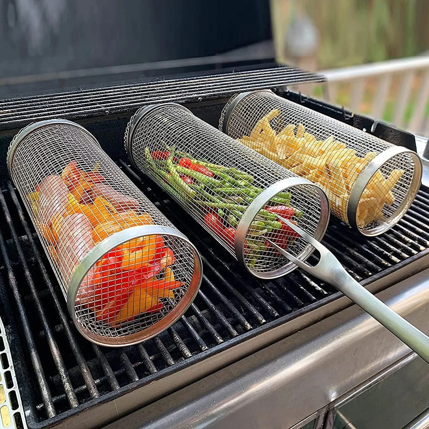 3 Pieces (Bbq Cage + Barbecue Fork + Hook) Portable